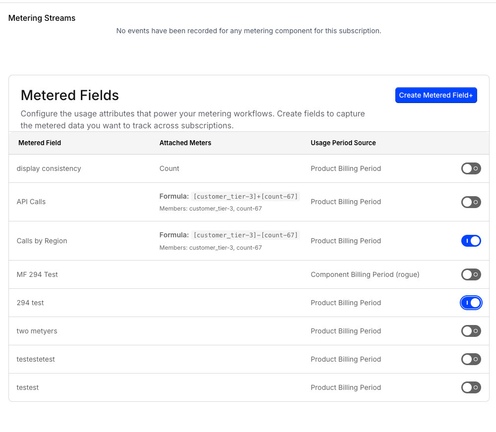 Metered fields list reached from the metering settings