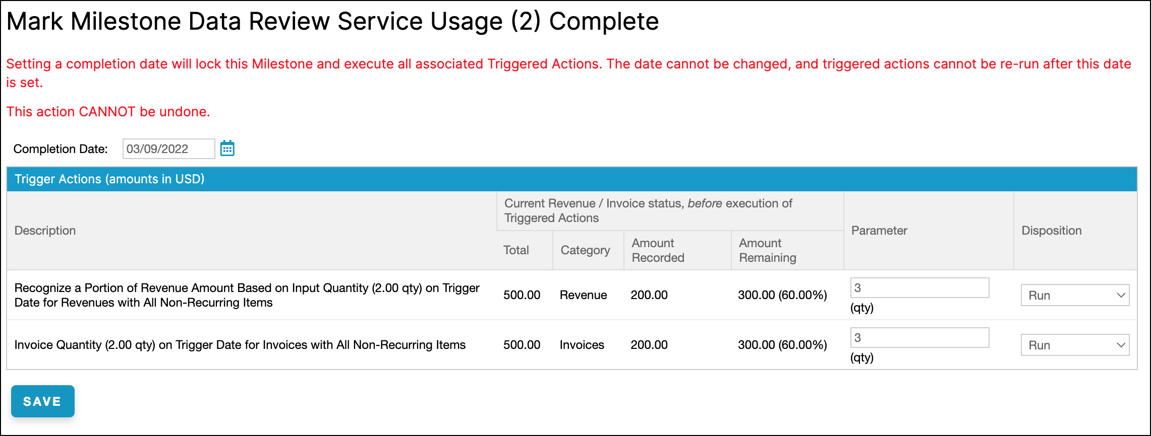 Project after further usage is recorded