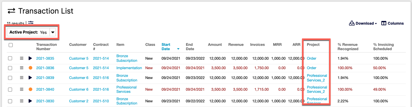 Transaction list filtered to project transactions