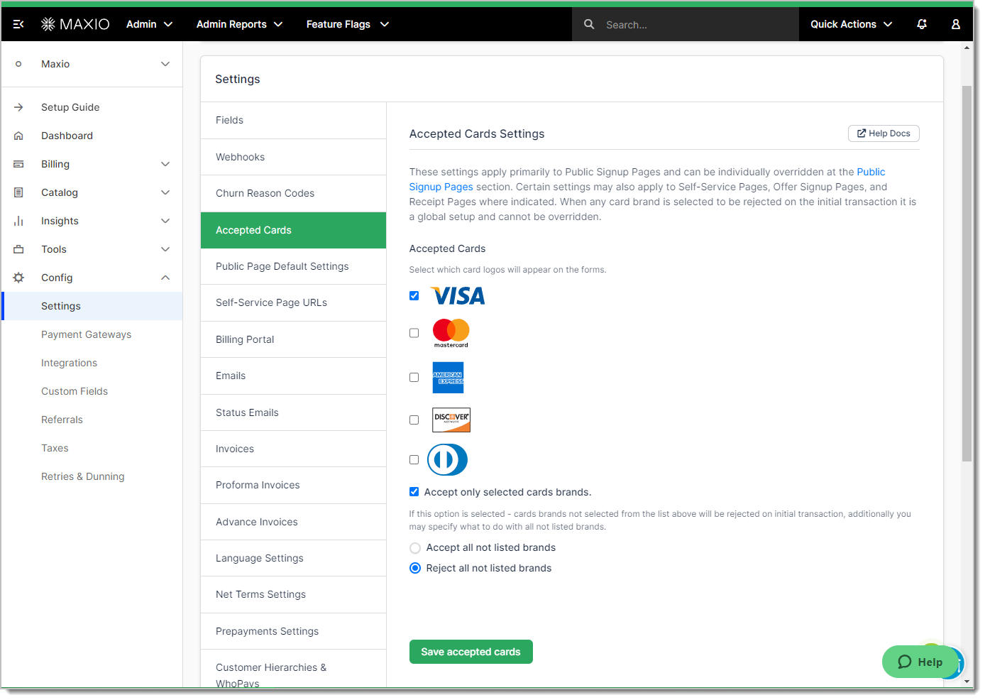 Accepted Cards settings with a checkbox and logo per card brand, plus options to accept only the selected brands