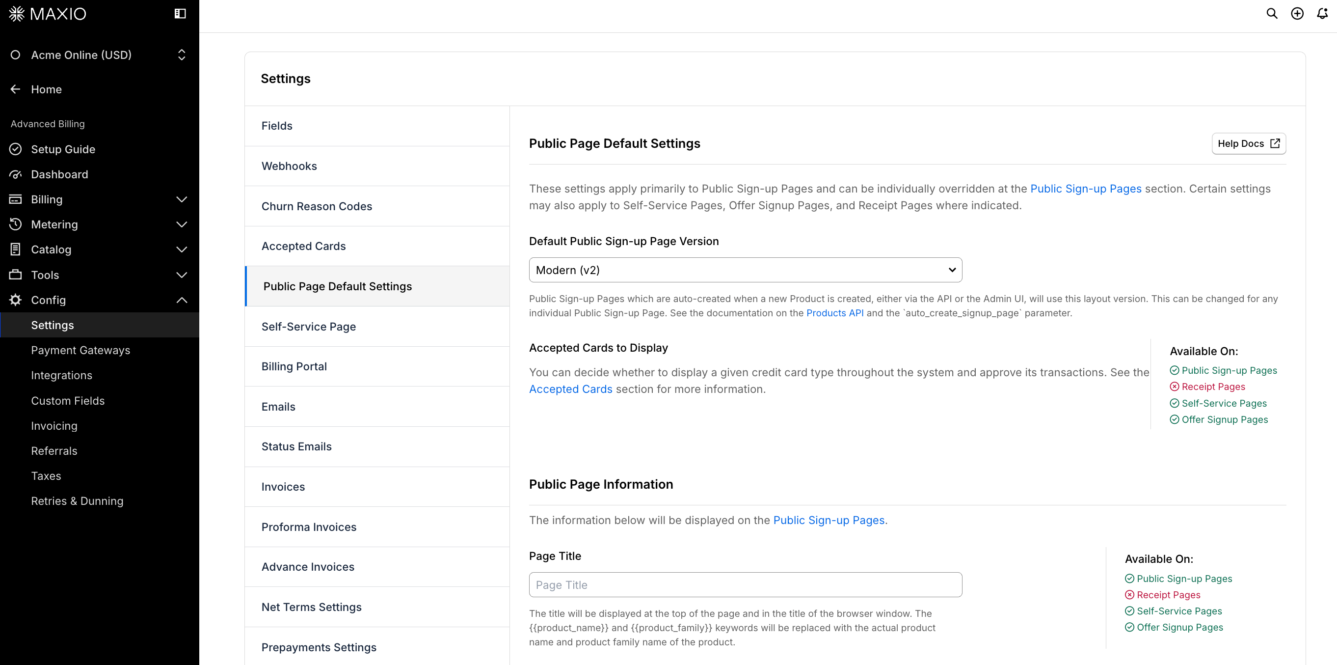 Public Page Default Settings page showing the Default Public Signup Page Version dropdown and Accepted Cards to Display section