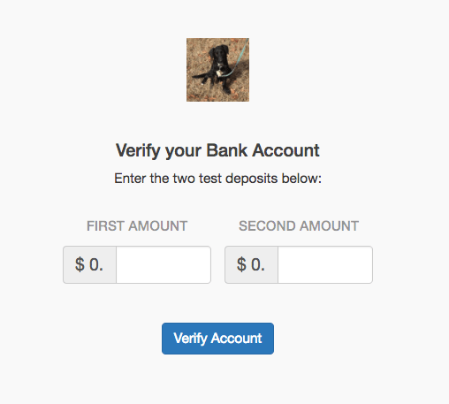 Bank account verification page with two micro-deposit amount fields and a verify control