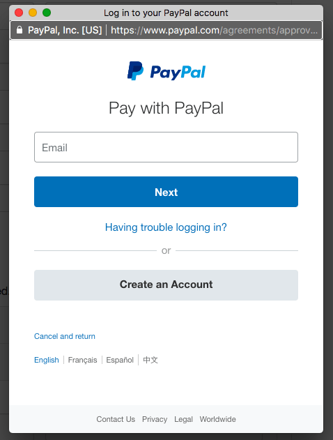 PayPal login popup as the subscriber sees it