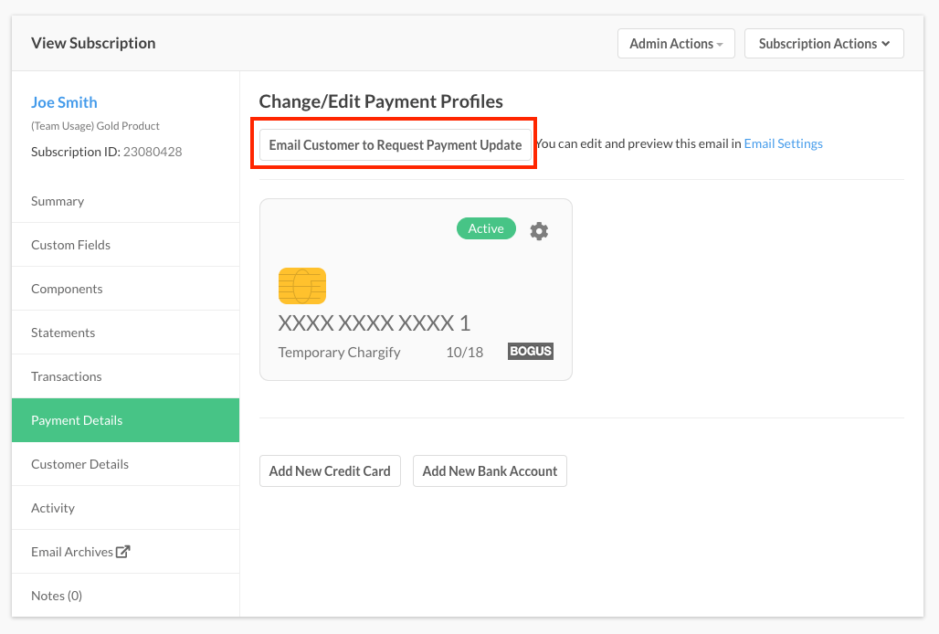 Email composition for sending a secure card-update link