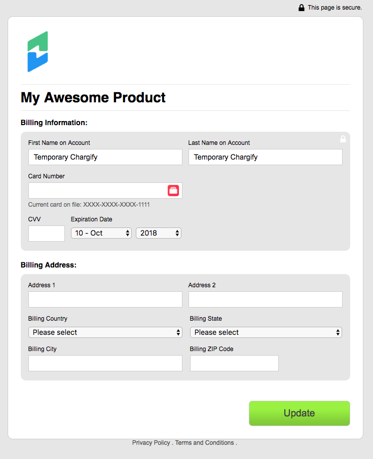 Self-service page as a subscriber sees it, with card fields and a submit control