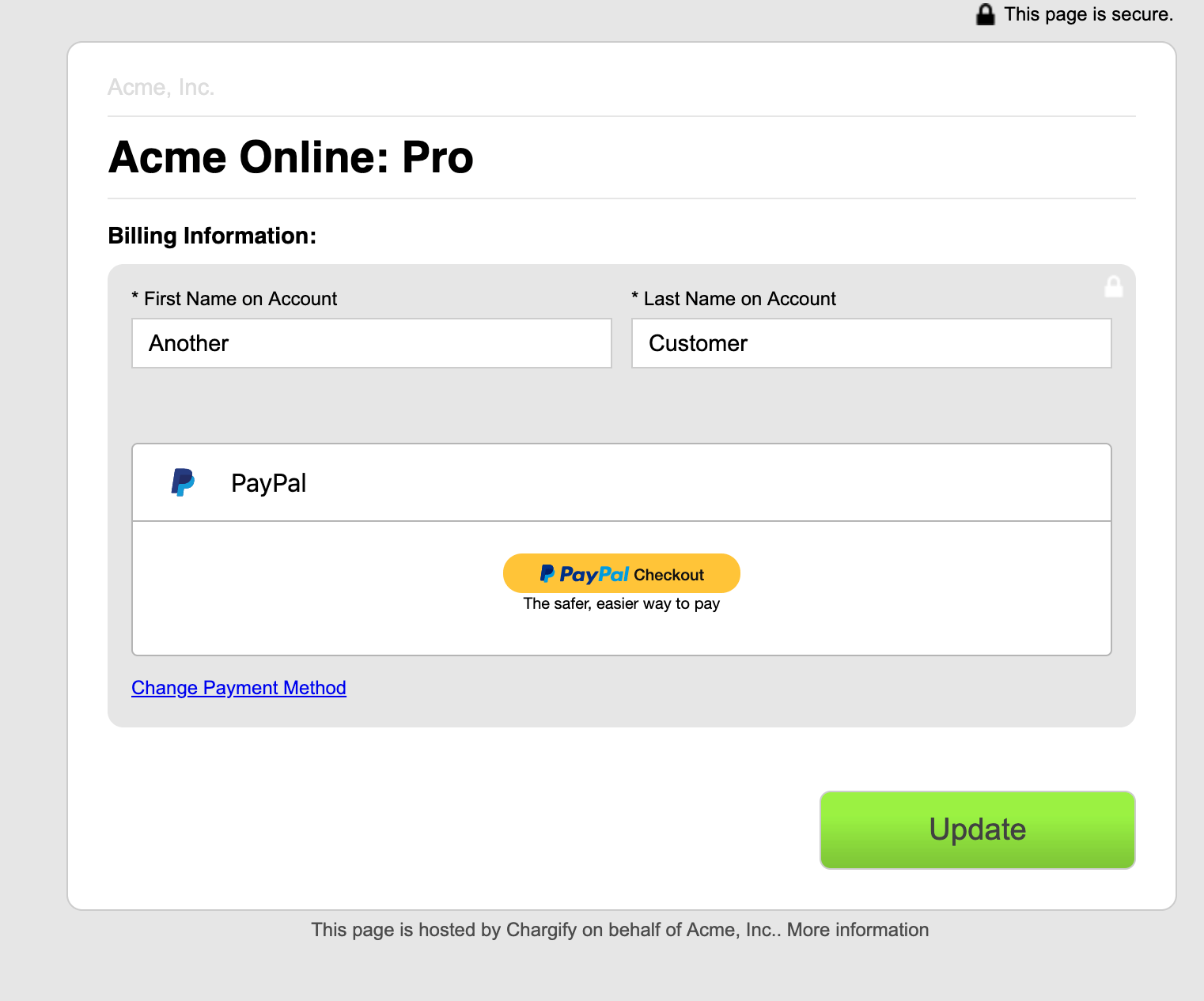 Self-service page with PayPal selected and a PayPal Checkout button