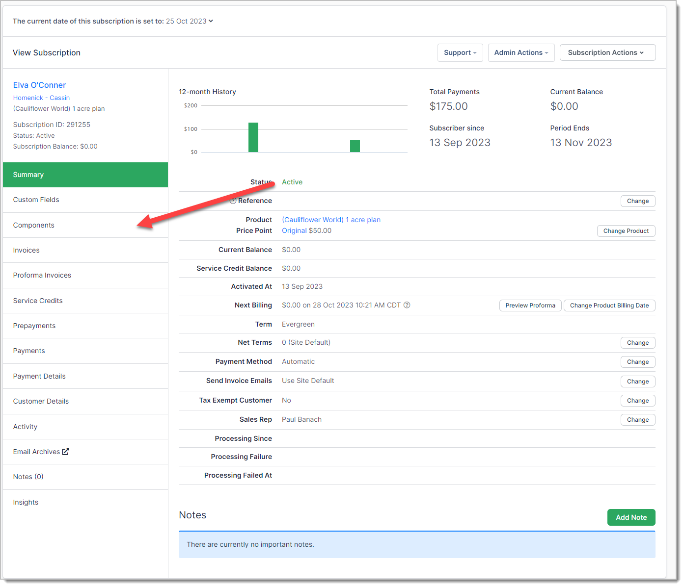 Subscription summary on its components tab, with each component's pricing and interval