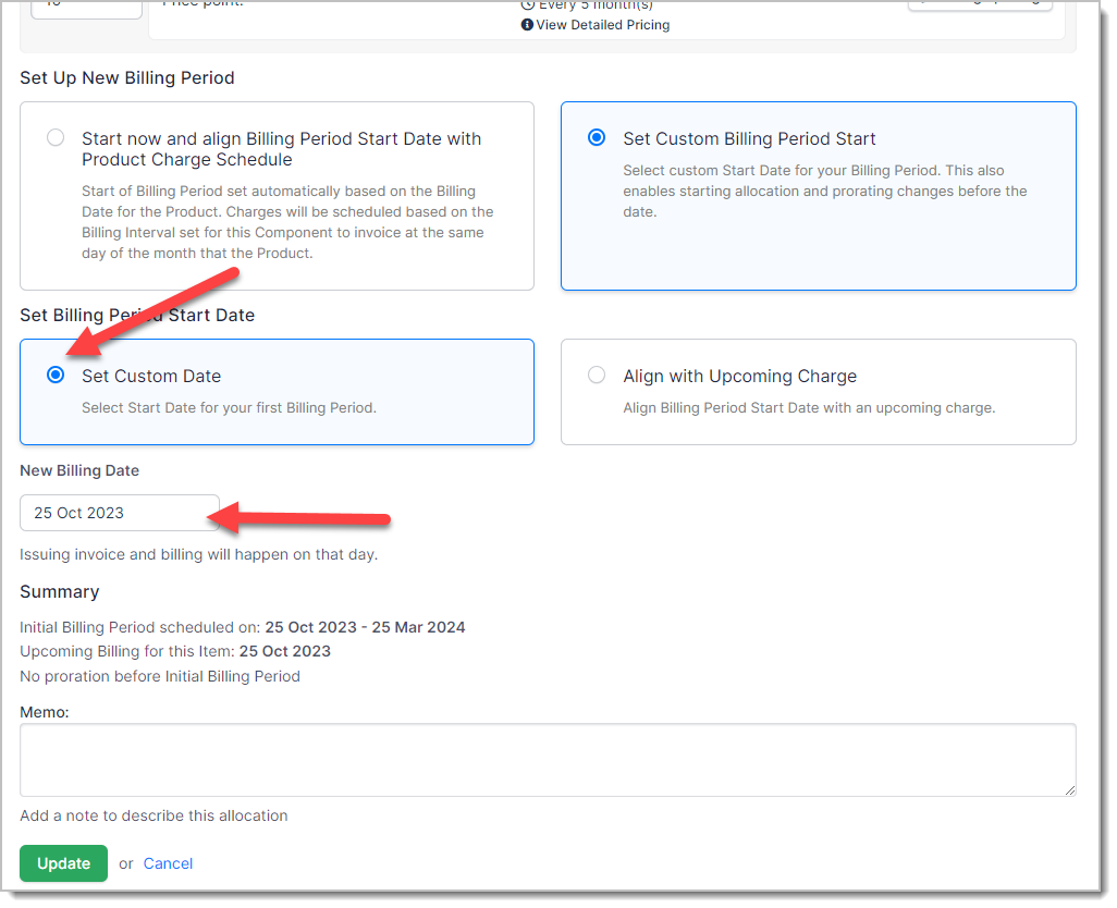 Custom billing period start selected, with the resulting period dates
