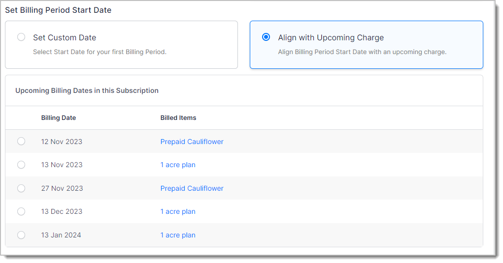 Align with upcoming charge selected, with the resulting period dates