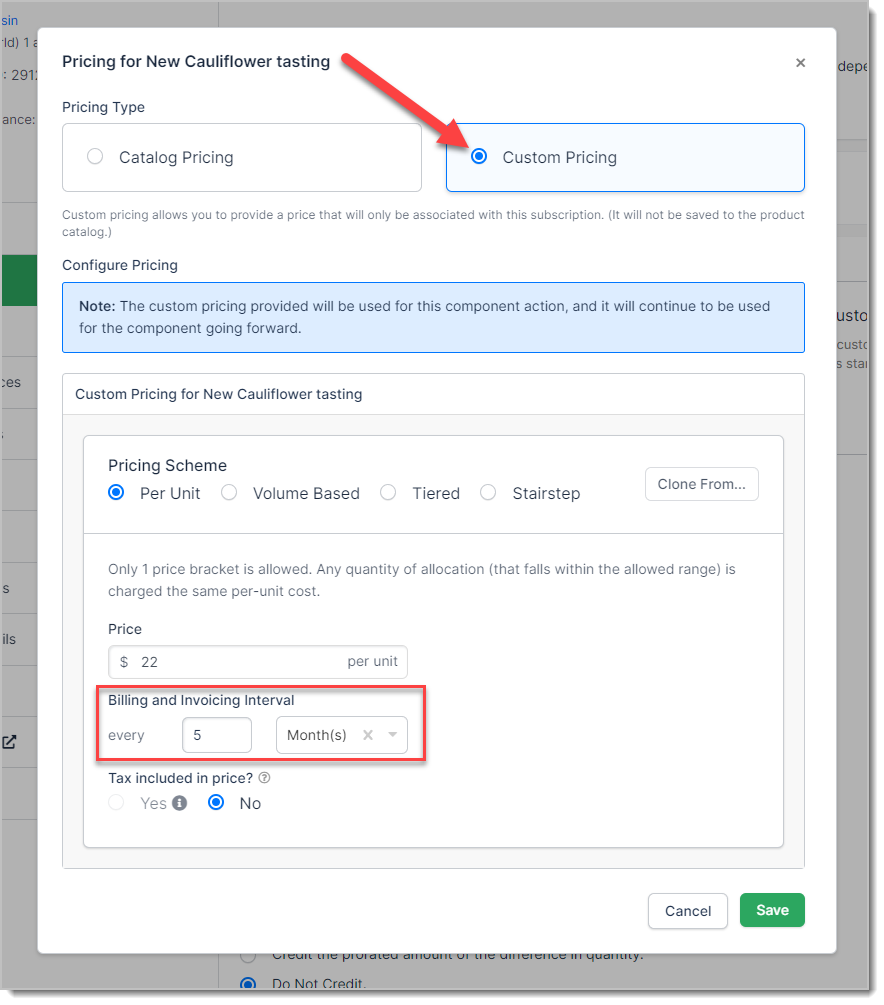 Custom pricing panel with a billing interval separate from the subscription's own