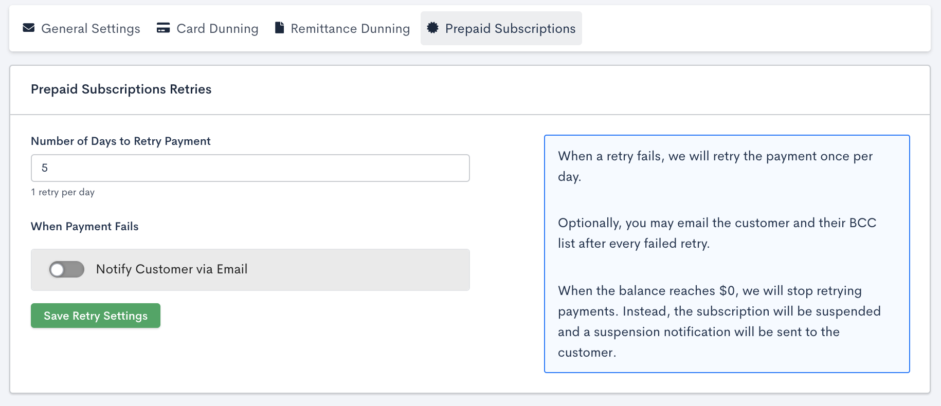 Prepaid Subscriptions tab of the dunning settings, with the number of days to retry payment set to 5 and Notify Customer via Email switched off