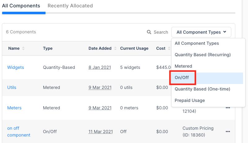 On Off Product type filter