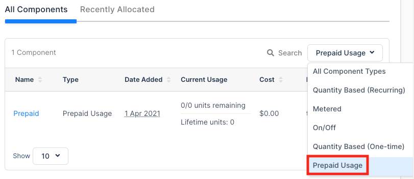 Prepaid Usage Product type filter