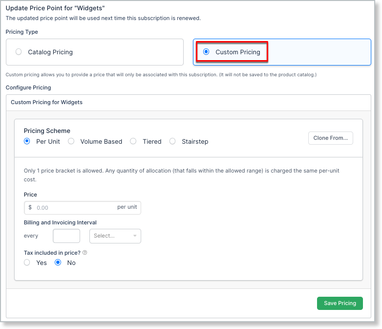 Update Price Point screen offering catalog or custom pricing, with a pricing scheme selector