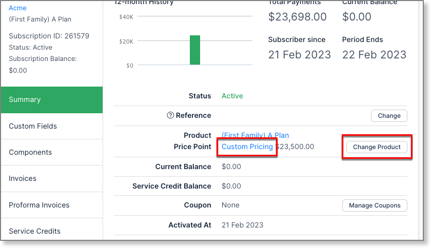 Subscription summary with custom pricing marked on the price point and the change product control highlighted