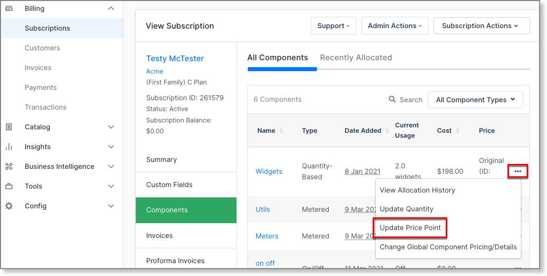 Subscription components list with a row menu open on Update Price Point