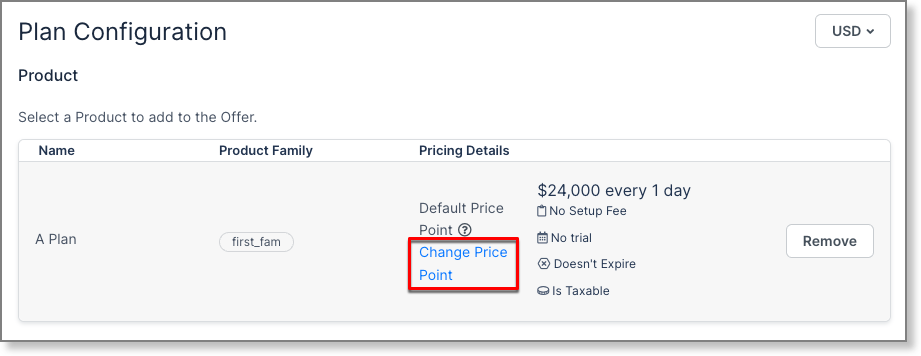 Plan configuration with a product added, its default price, and the change price point control highlighted