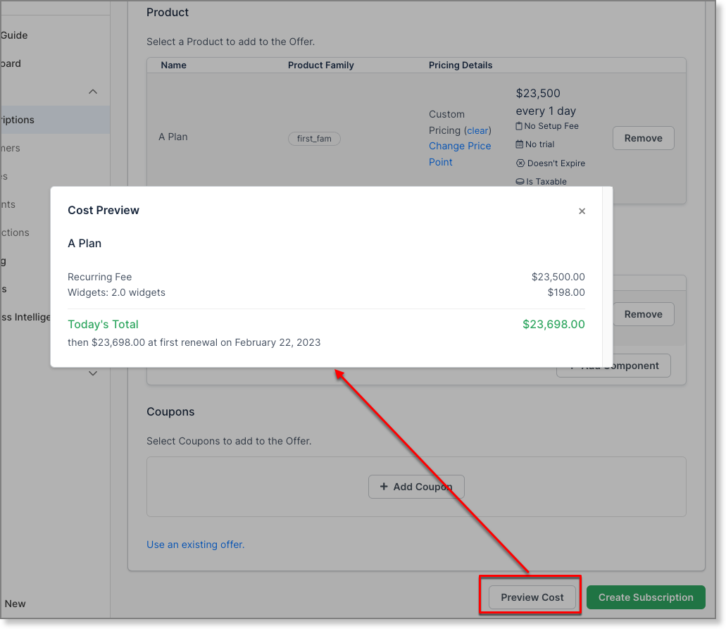 Cost preview showing the recurring fee, component charges and today's total, with the preview control highlighted