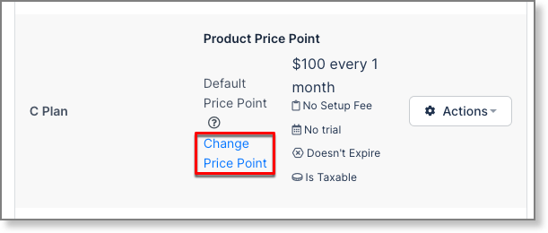 Product price point panel with the change price point link highlighted beside an actions menu