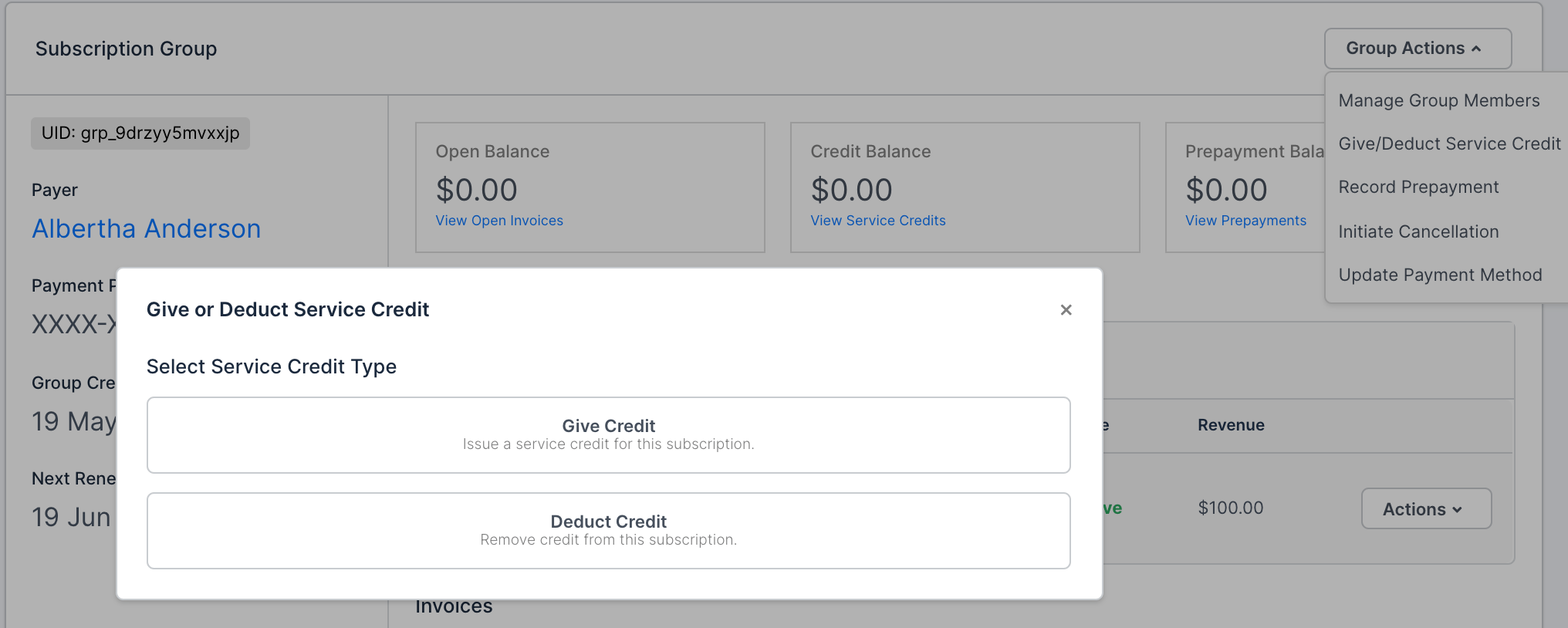 Service credit applied at the group level