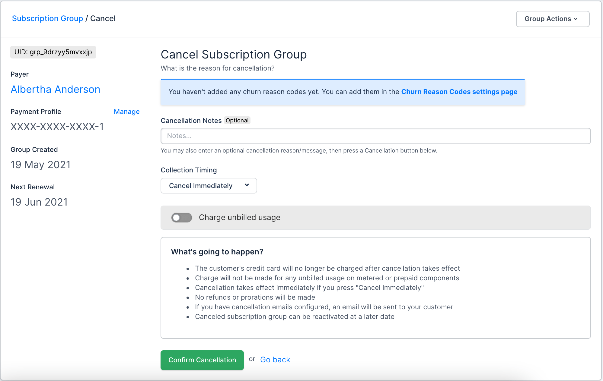 Subscription group in dunning with a remittance note applied