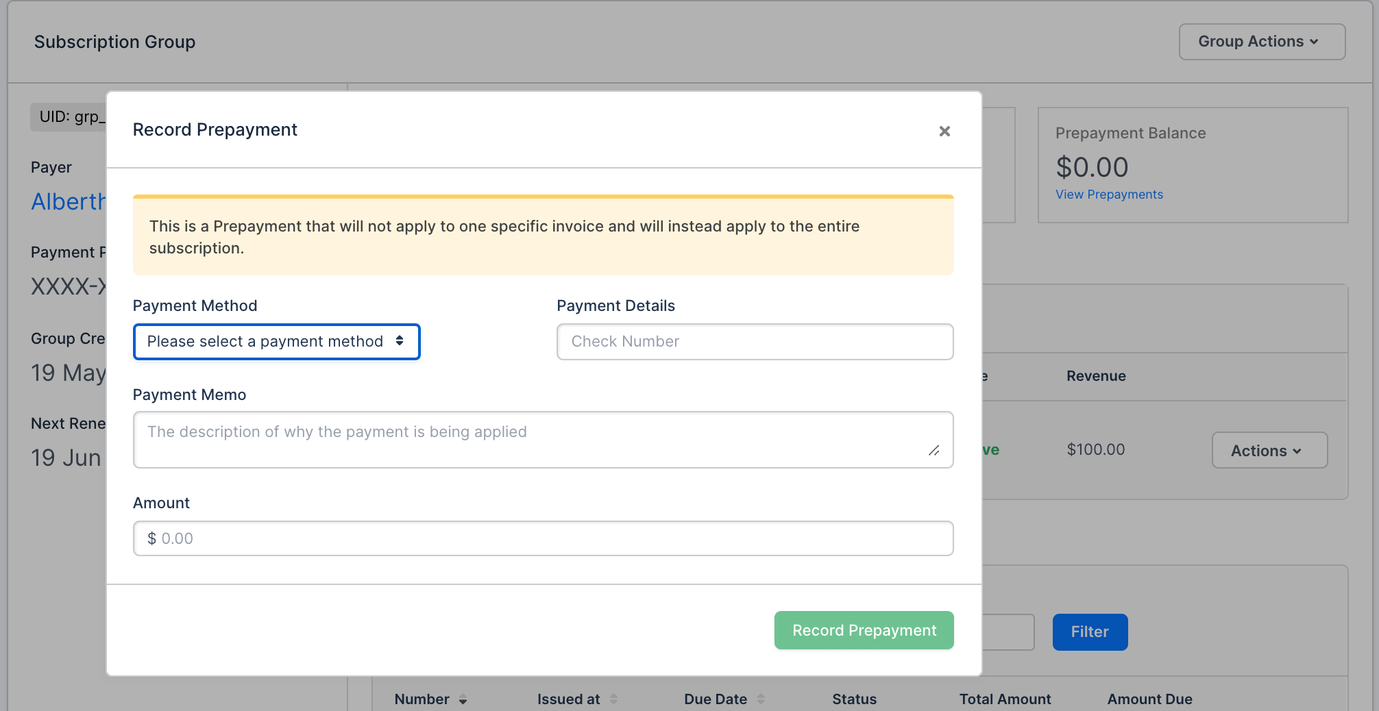 Prepayment recorded against a subscription group