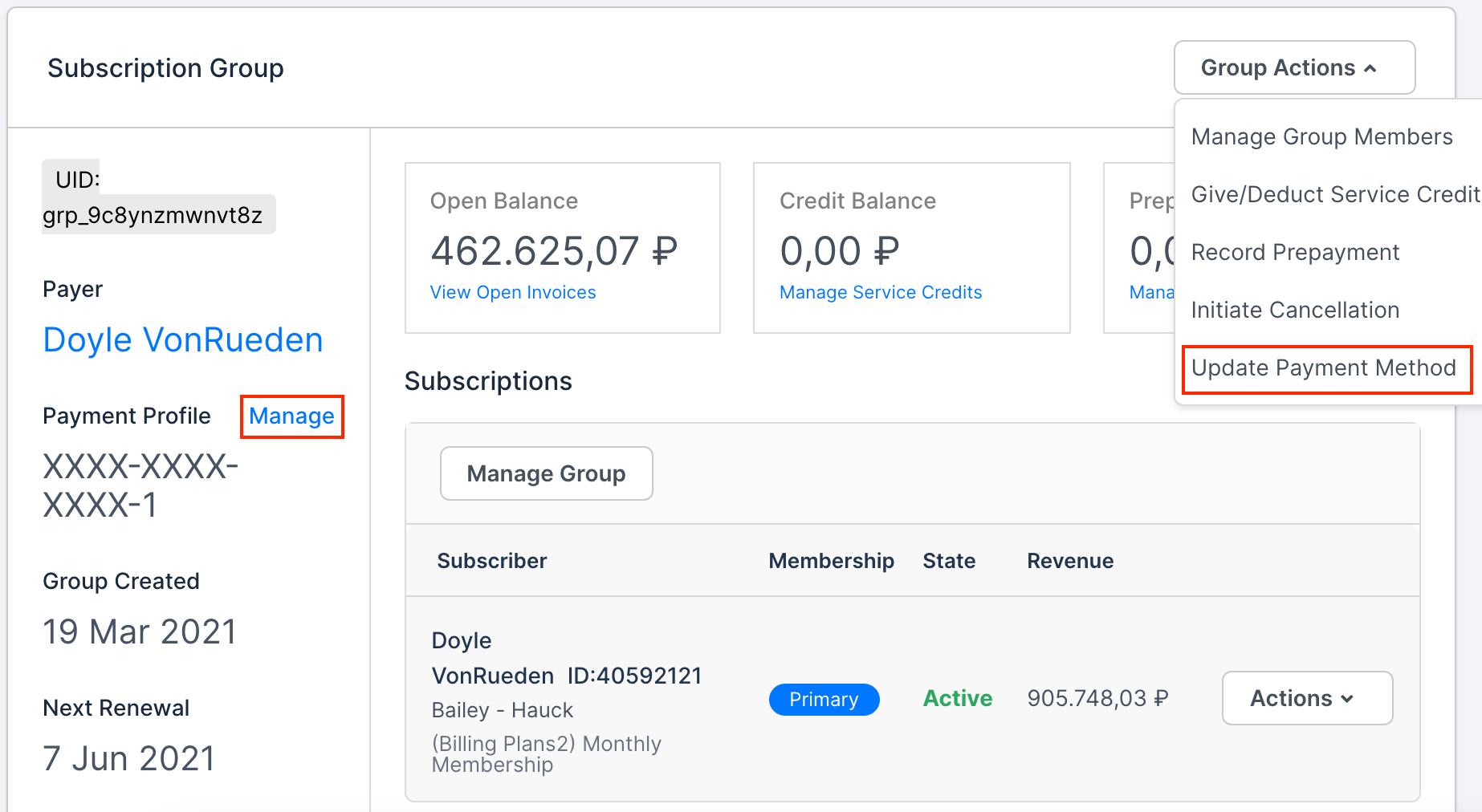 Subscription group showing its payer