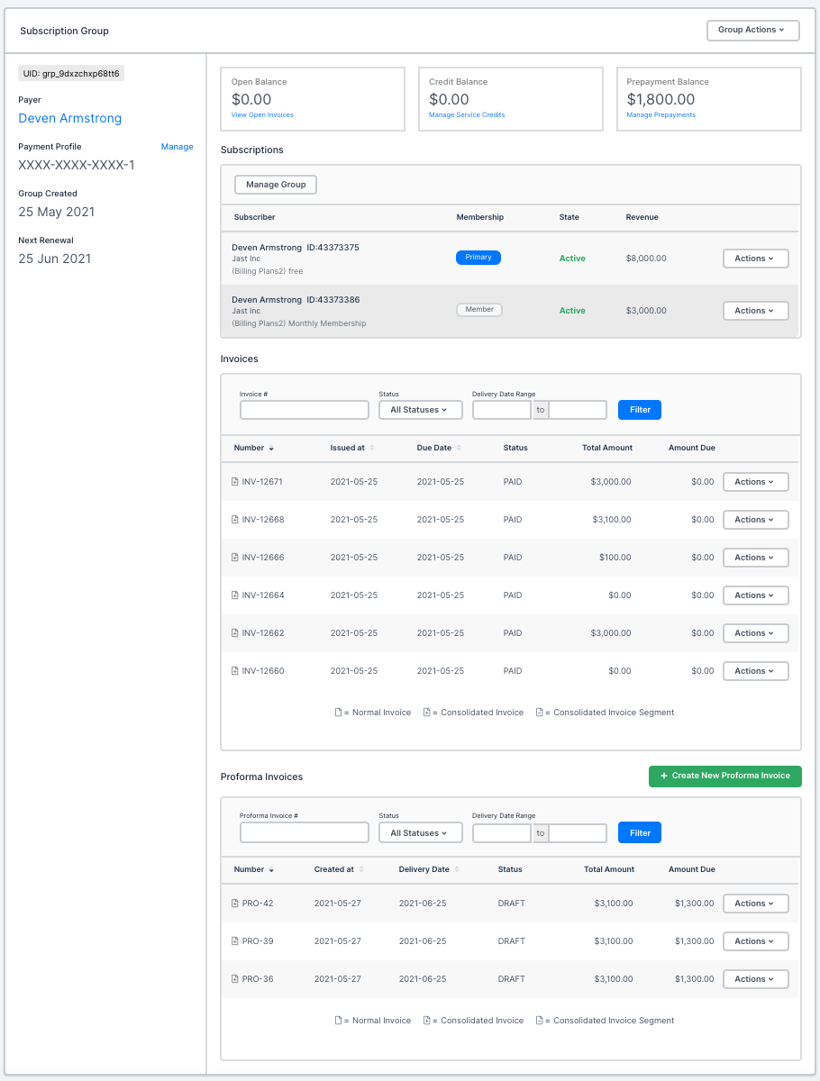 Subscriptions panel within a group screen