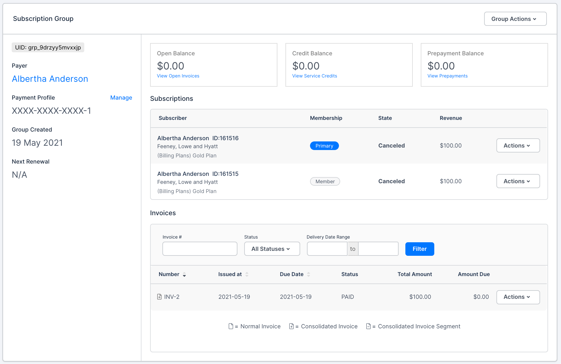Subscription group with its member subscriptions listed
