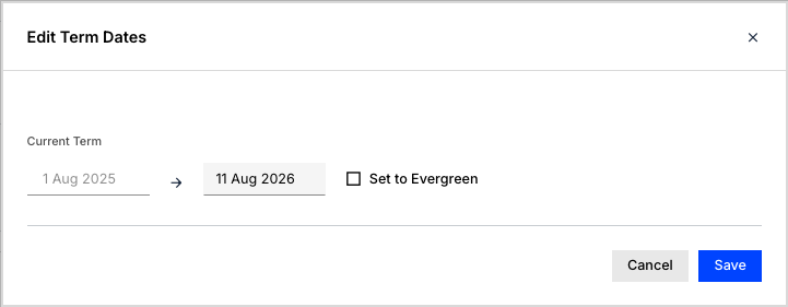 Edit Term modal with term end date controls
