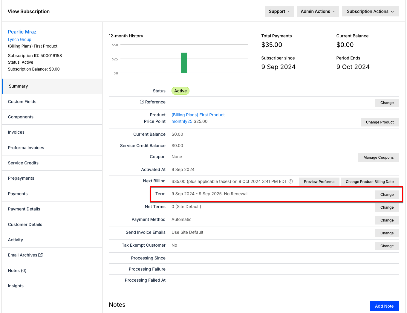 Subscription page showing its term section
