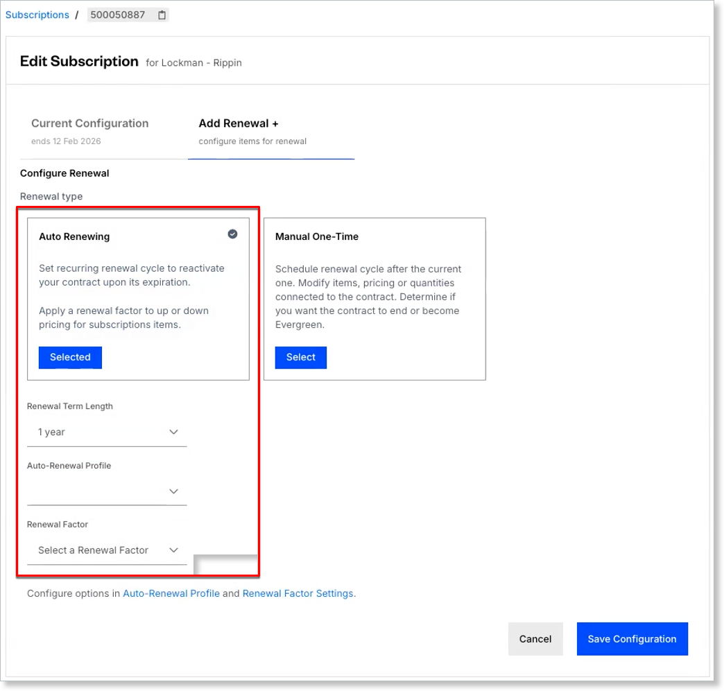 Renewal configuration with the renewal factor field