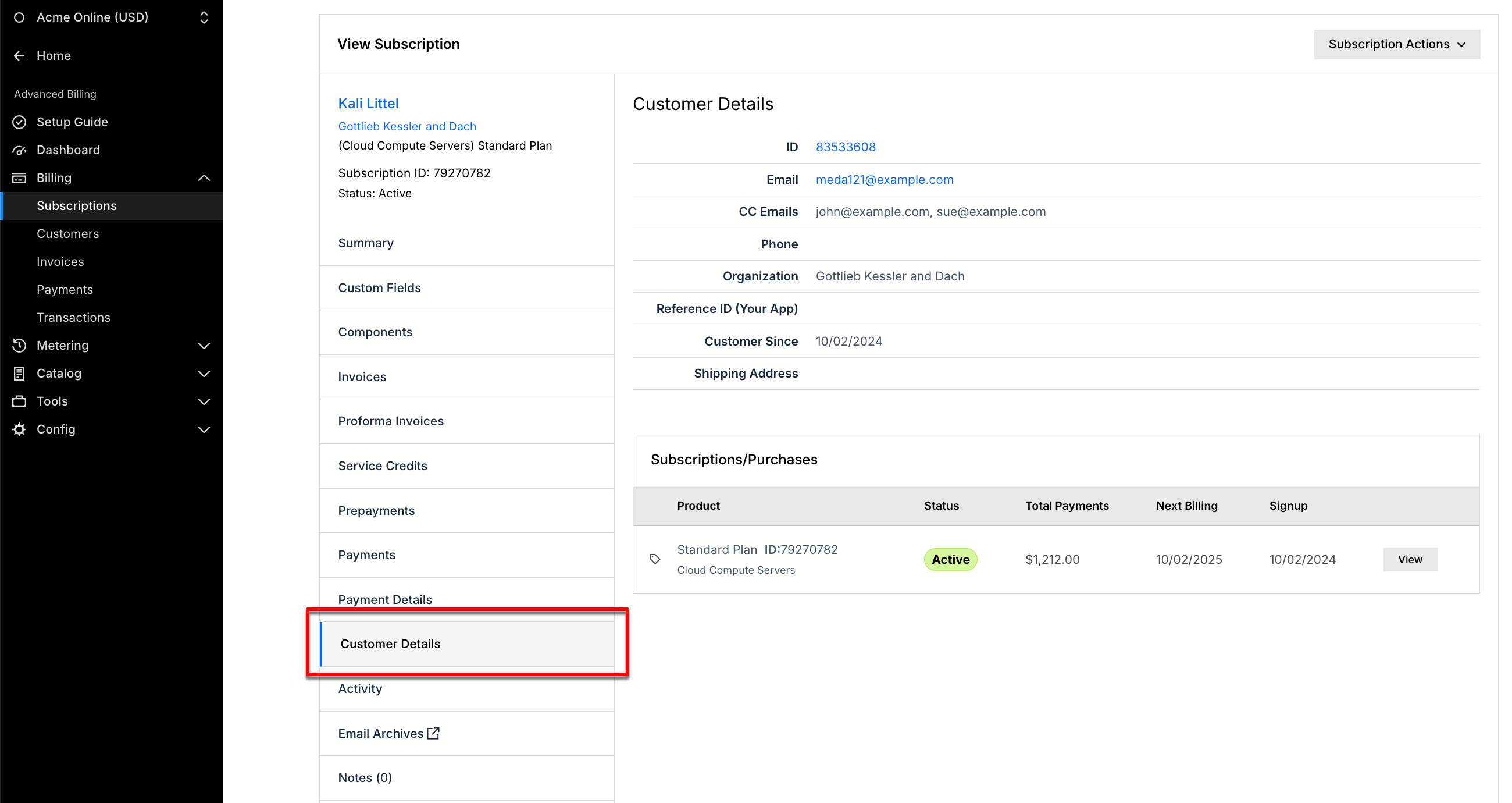 Subscription showing its linked customer information