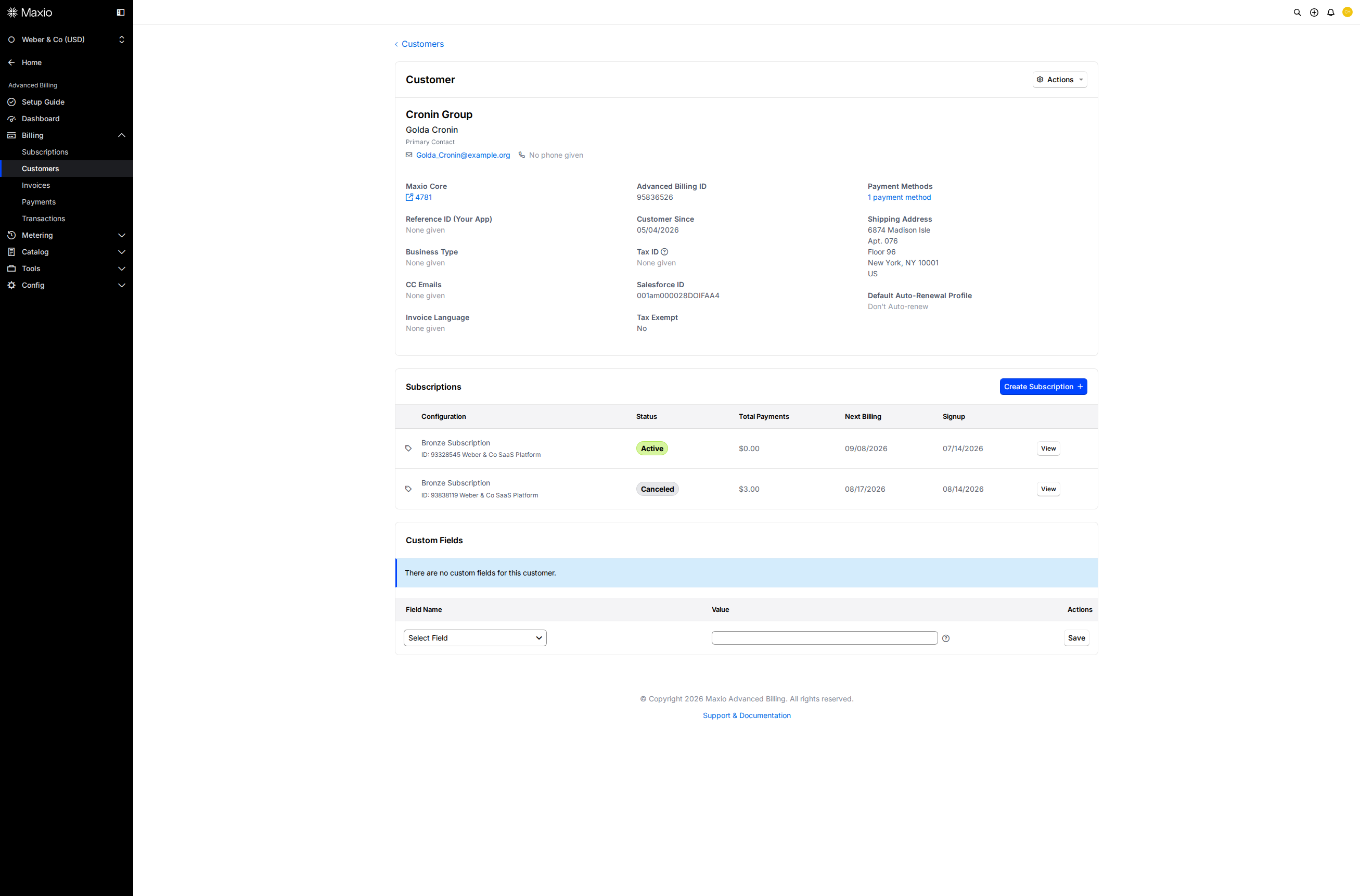 Customer entry corresponding to a subscription, with its own record
