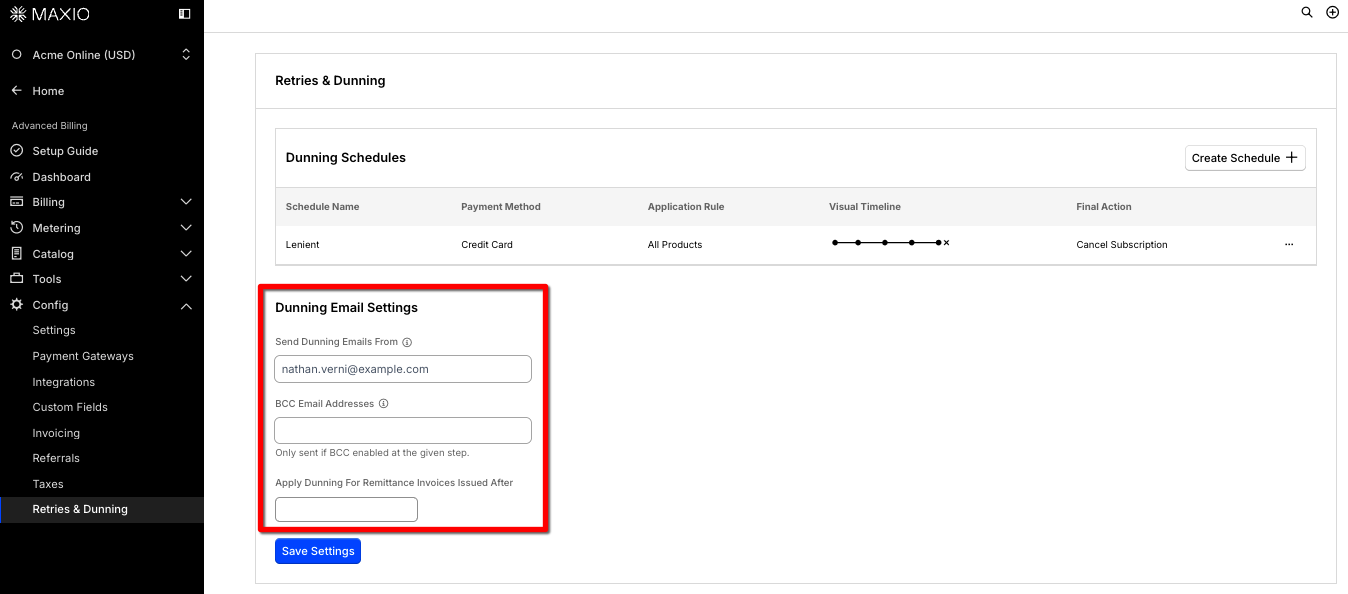 Email settings with comma-separated recipient fields and a BCC option