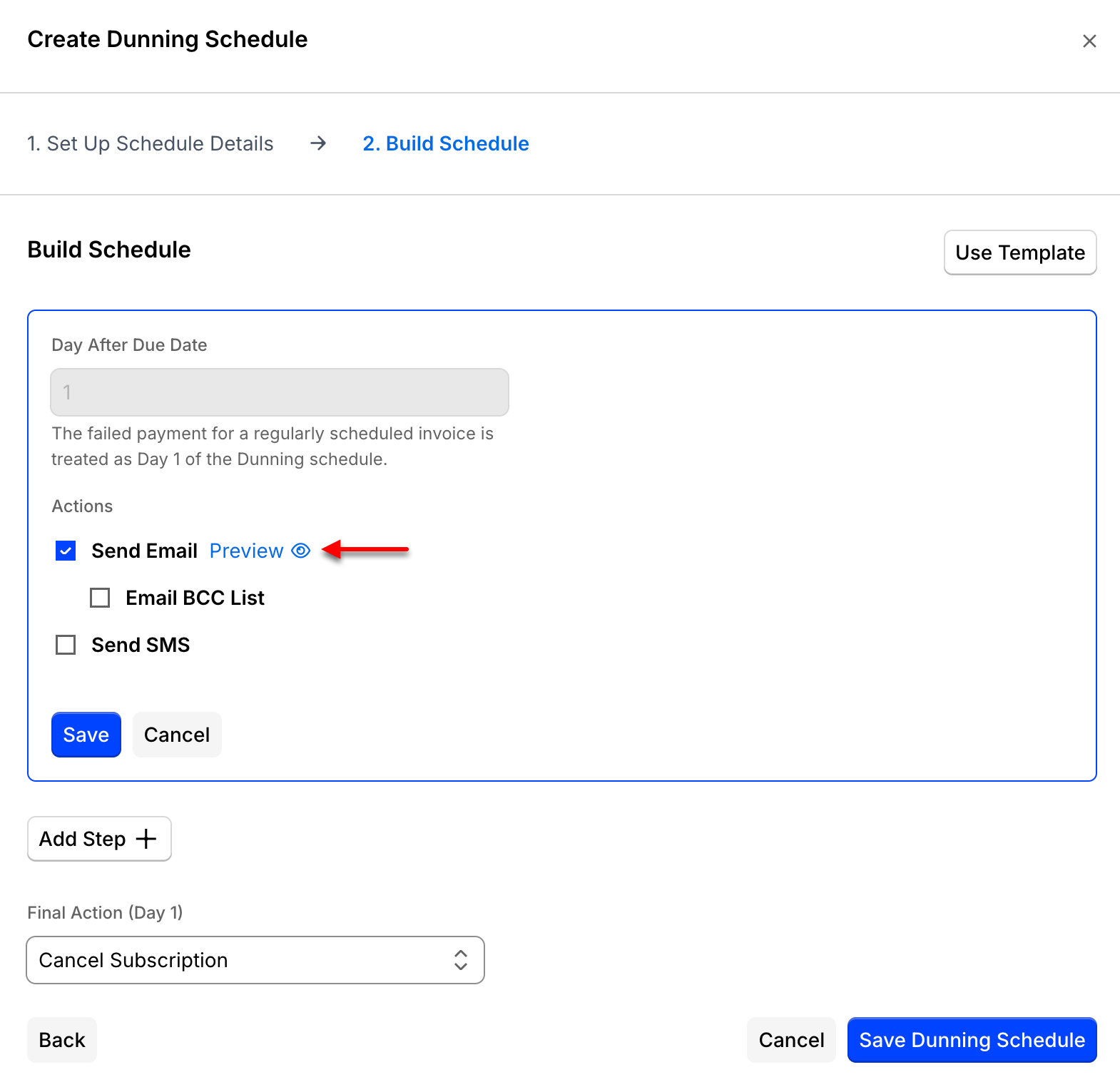 Dunning email editor with ACH-specific dynamic text