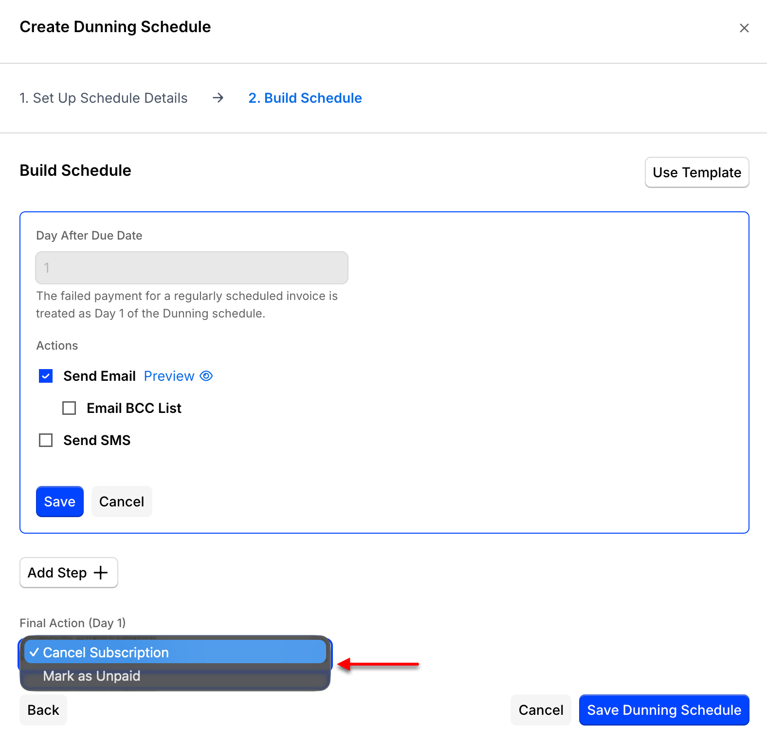 ACH dunning schedule with its steps