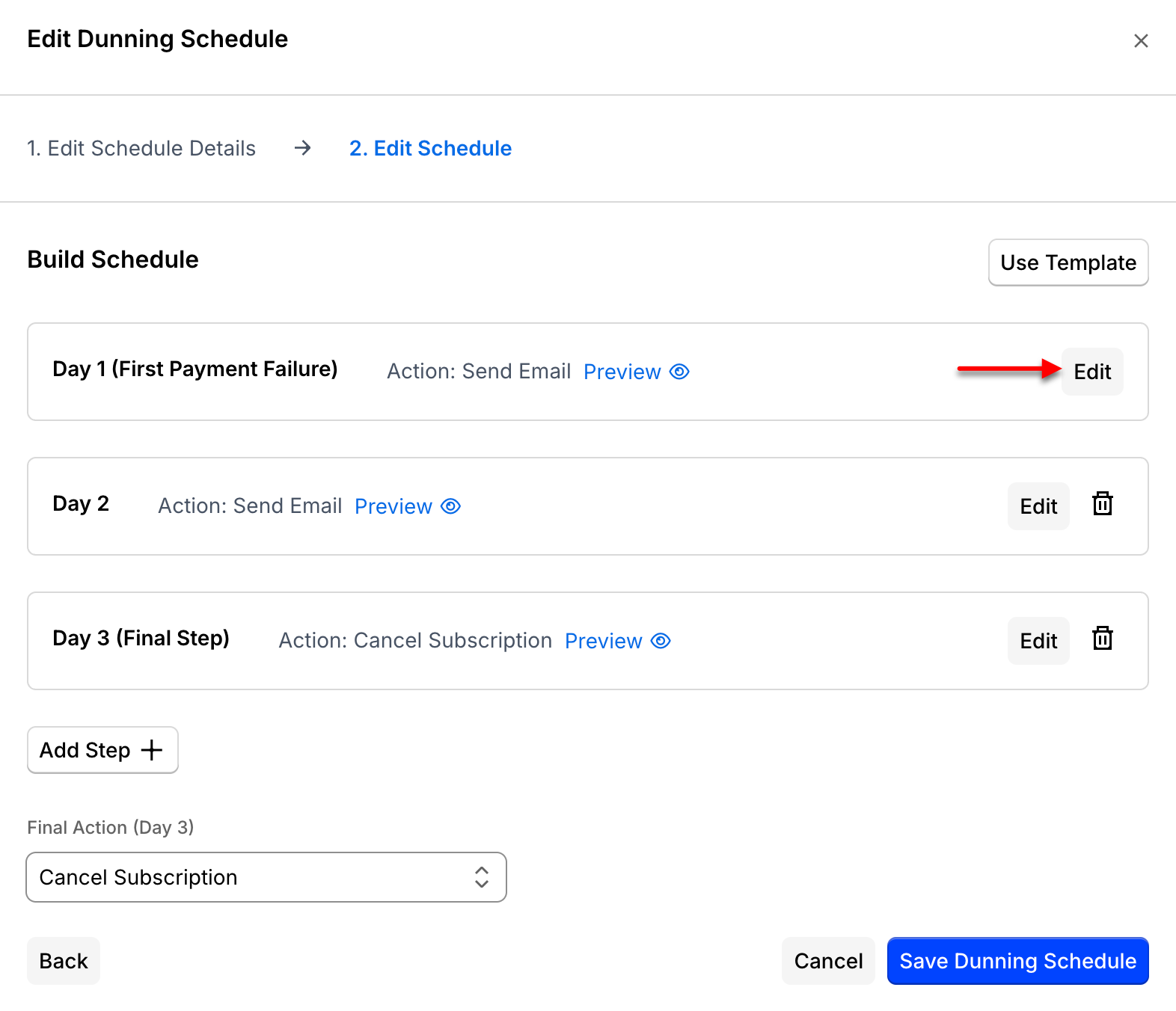 Edit Dunning Schedule view with its steps listed