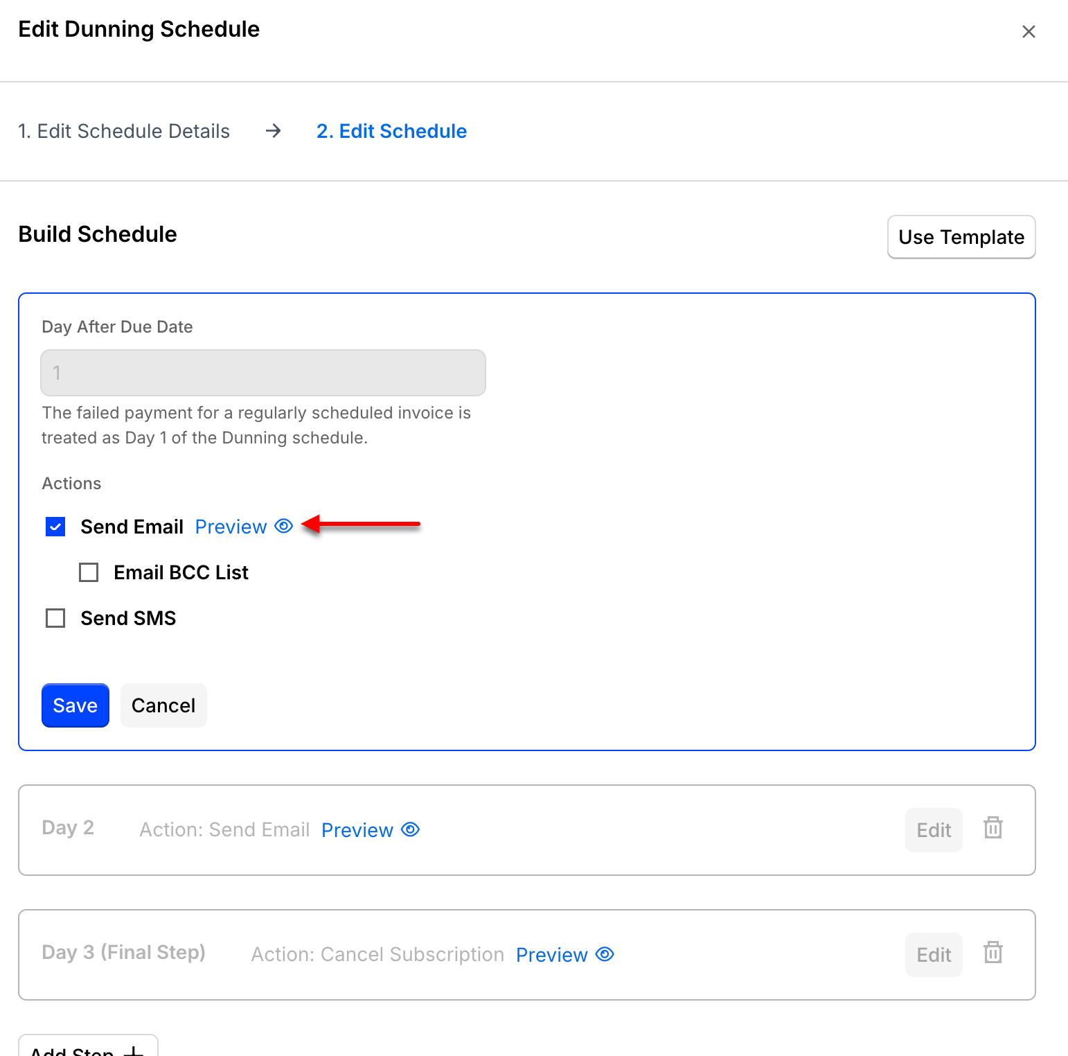 Step editor showing the day offset for a dunning email