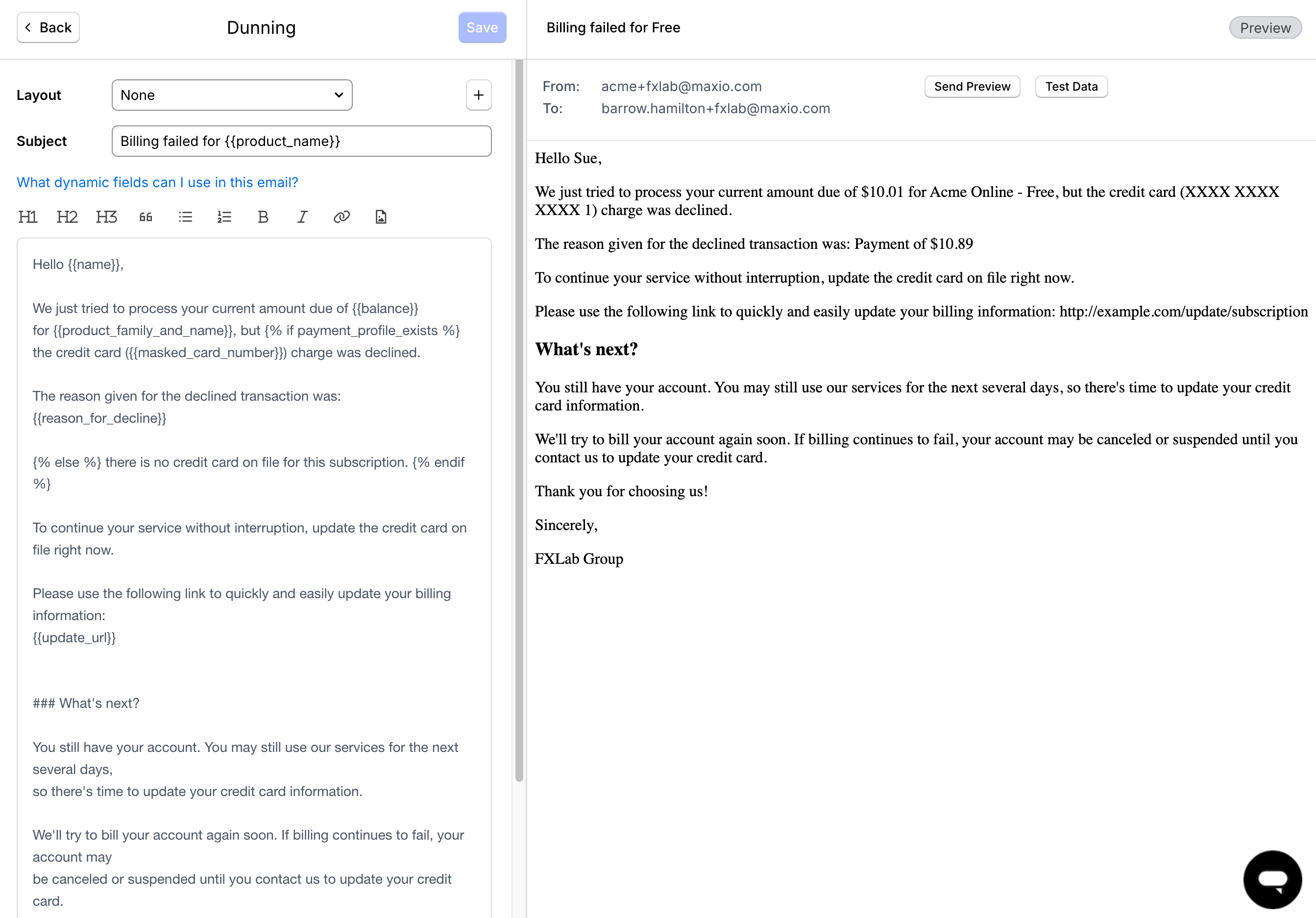 Dunning email content editor with merge fields