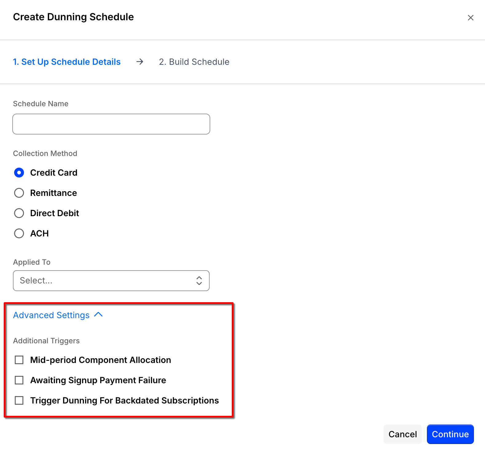 Build Schedule panel with Advanced Settings expanded to show Additional Triggers checkboxes