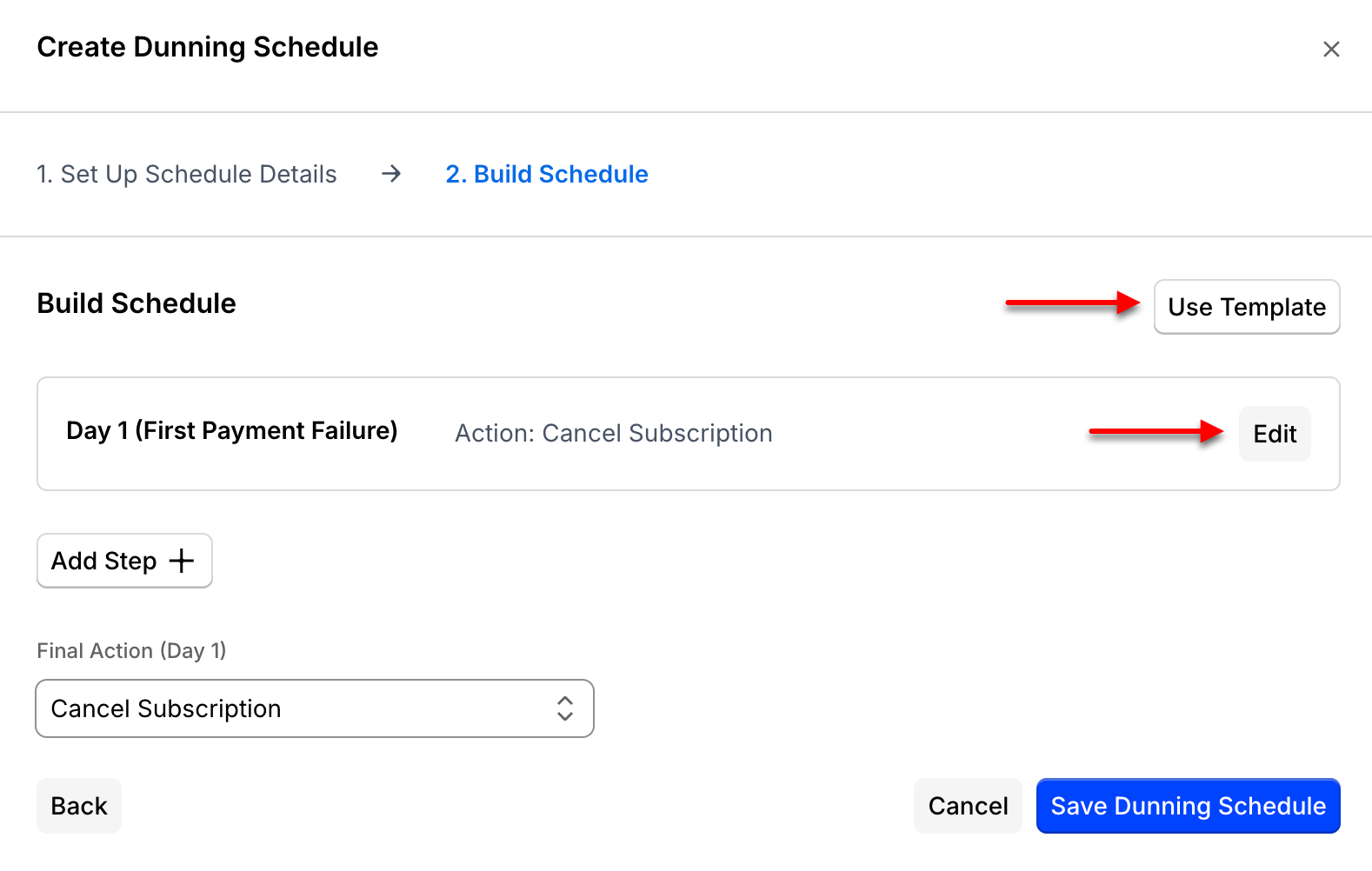 Create Dunning Schedule dialog for direct debit