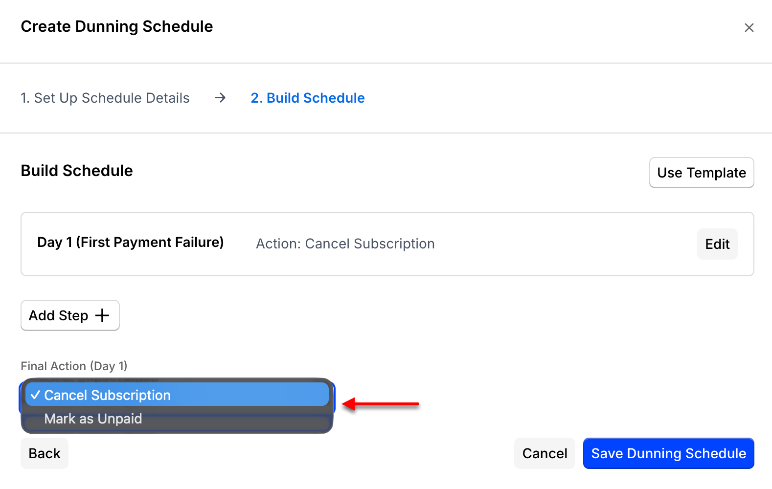 Build Schedule panel with the mark-unpaid behavior highlighted