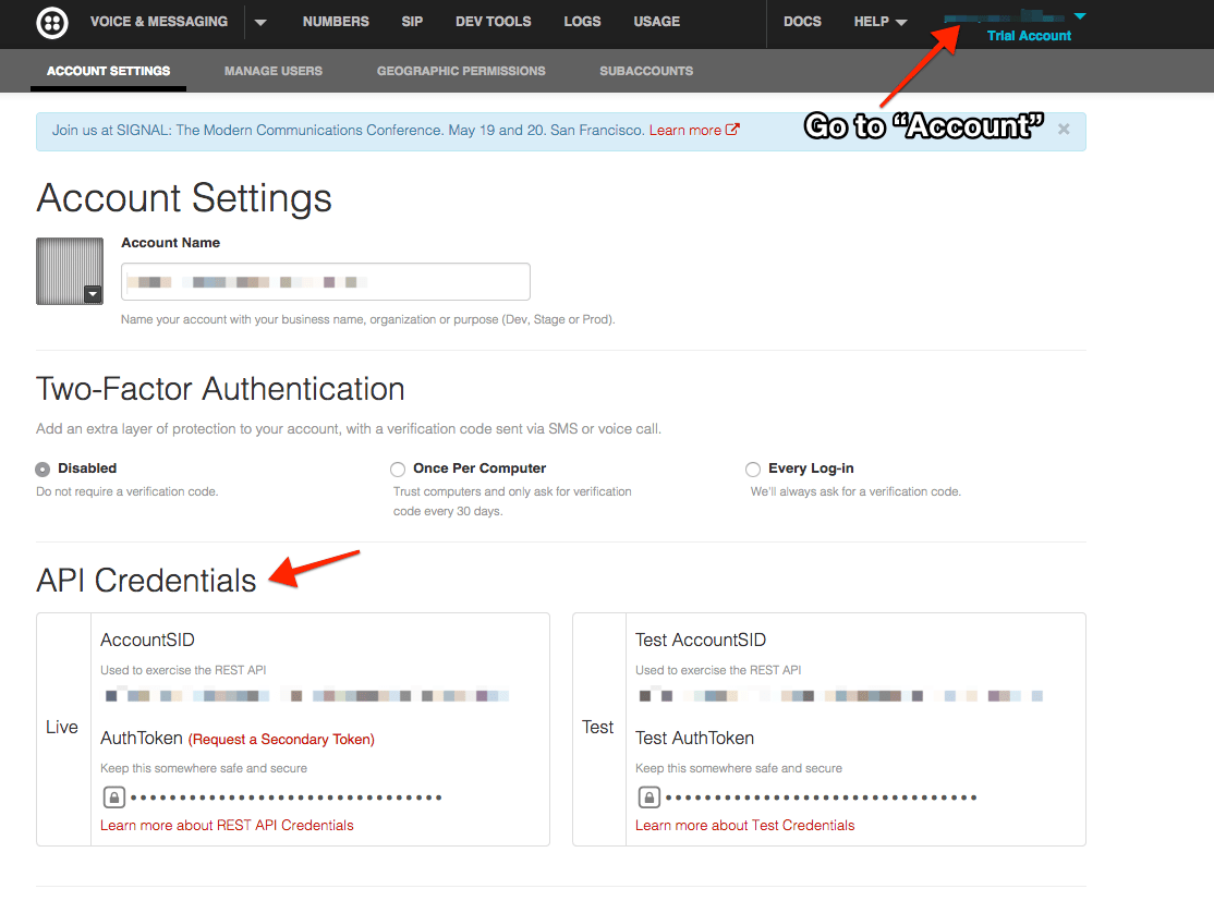 Maxio fields for the Twilio number and API credentials