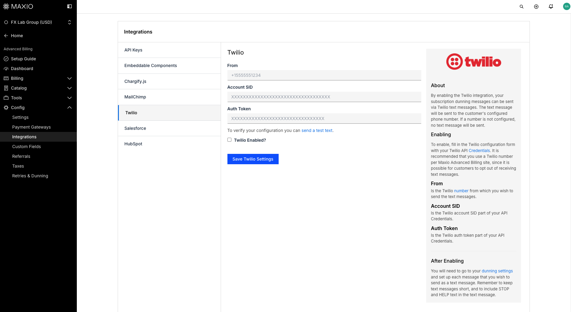 Twilio account settings with the API credentials section