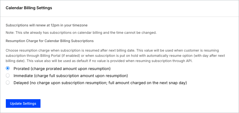 Calendar billing settings with the billing time control