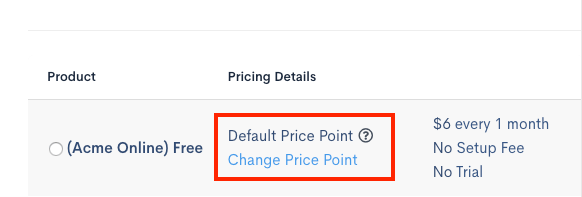 Single plan row with its default price point and a change price point link highlighted
