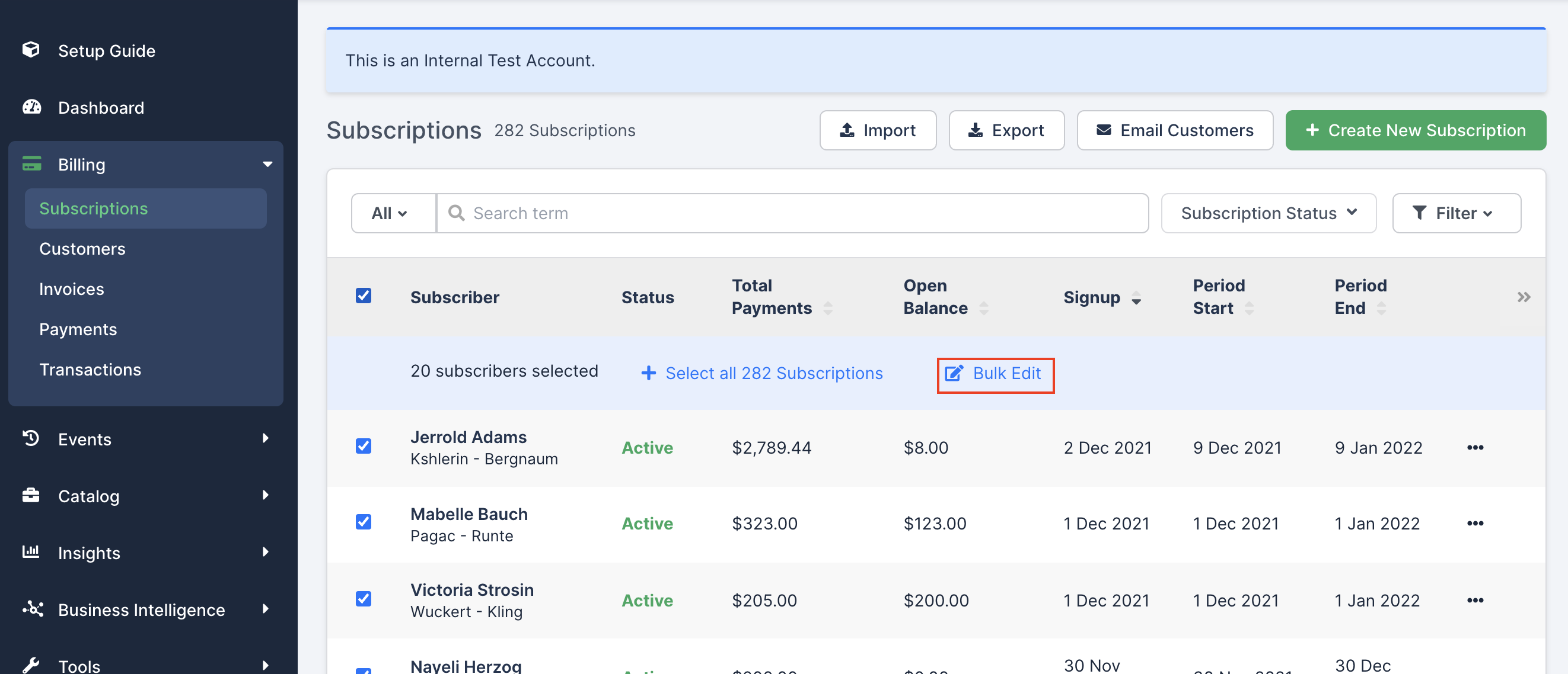 Subscriptions list with search and filter controls and selection checkboxes