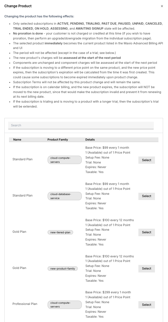 Plan selection list with radio buttons and per-plan pricing