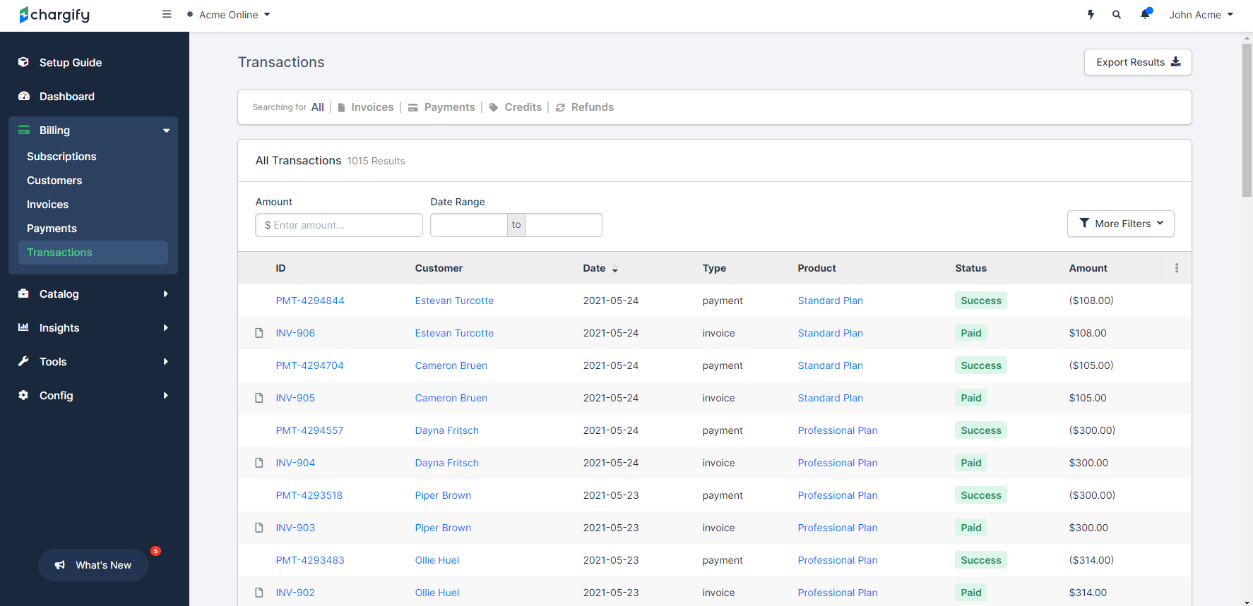 Transactions tab with its default columns